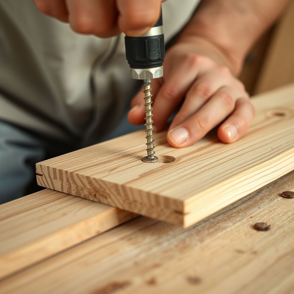 A close-up shot of someone screwing the wood pieces together.