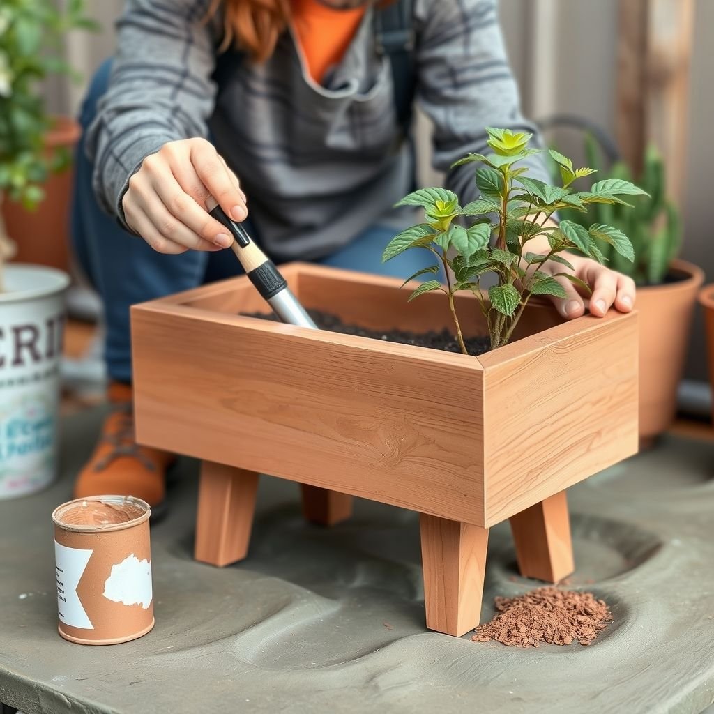 A person painting the assembled planter in a trendy, earthy tone