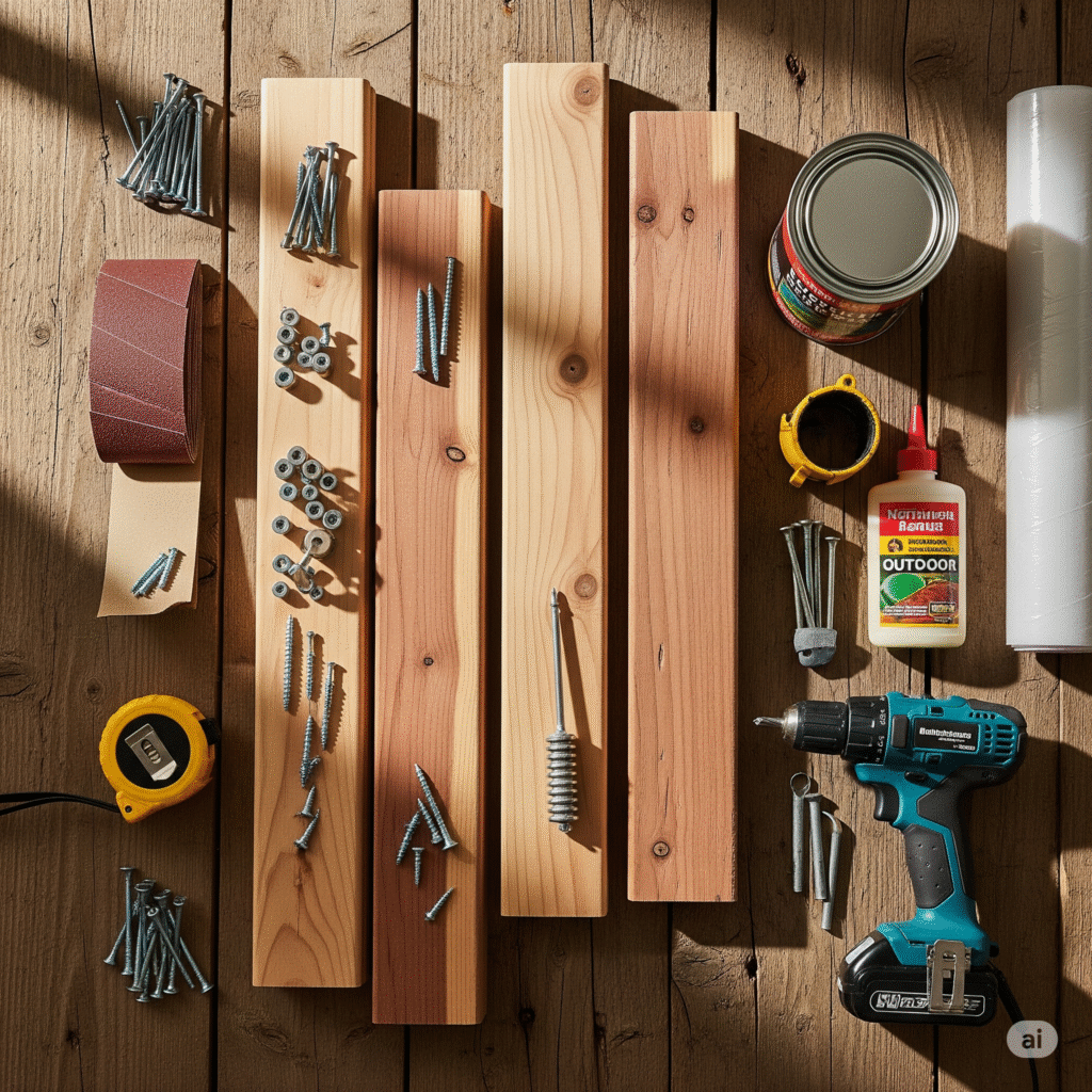 Flat lay of all materials listed above on a wooden surface with natural light.