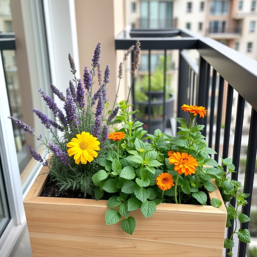 The final wooden planter filled with lavender, mint, and marigold on a modern apartment balcony.