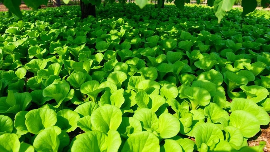 A bed of fresh green lettuce leaves growing in partial shade under tree cover, realistic photography style.