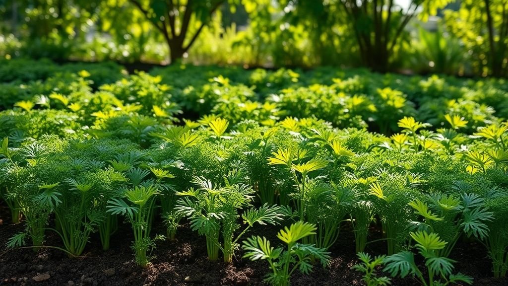 A shaded vegetable bed with carrot tops growing thickly, filtered sunlight, realistic photography style.