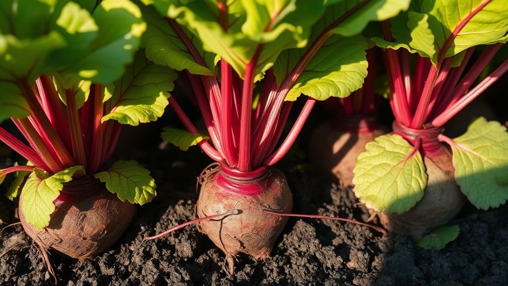 Beet plants with visible leafy tops in partial sunlight, roots peeking from the soil, realistic photography style.