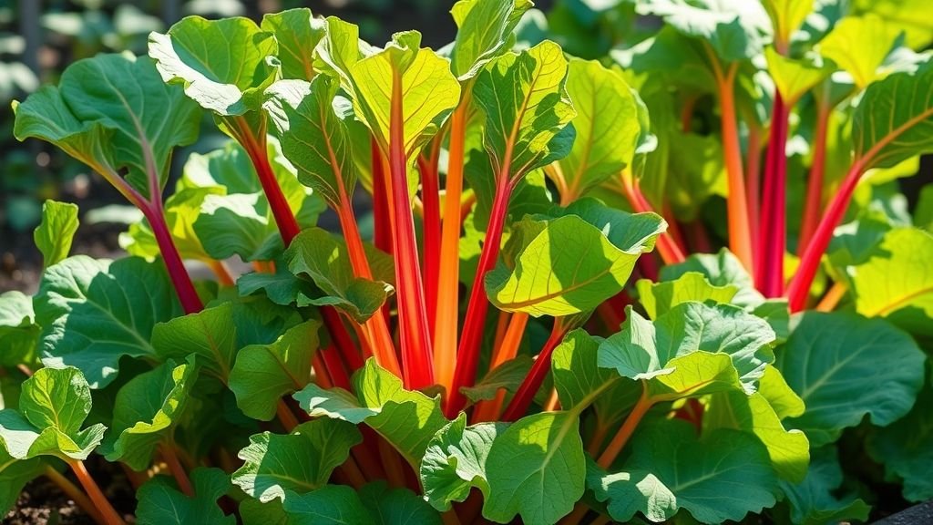 Bright rainbow-colored Swiss chard stems and leaves growing in shade, raised garden bed, realistic photography style.