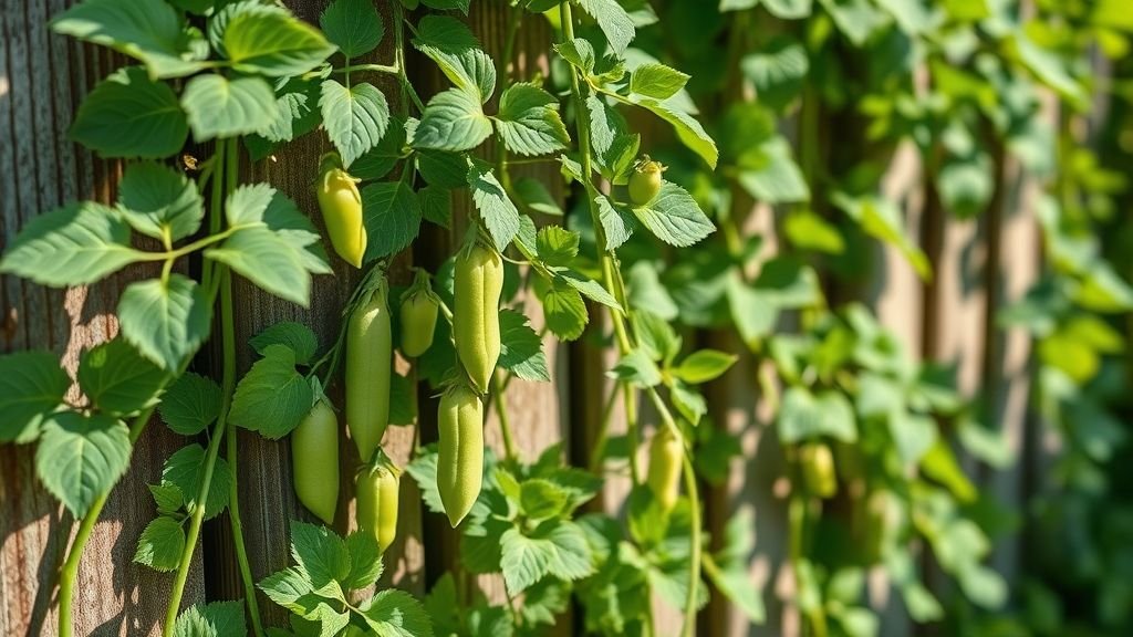 Climbing pea plants on a fence in partial shade, green pods visible, realistic photography style.