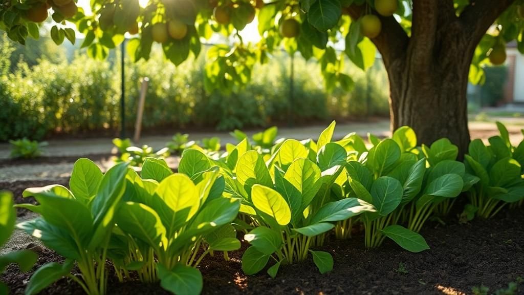 Spinach plants growing in dappled sunlight under a fruit tree, moist soil, realistic photography style.