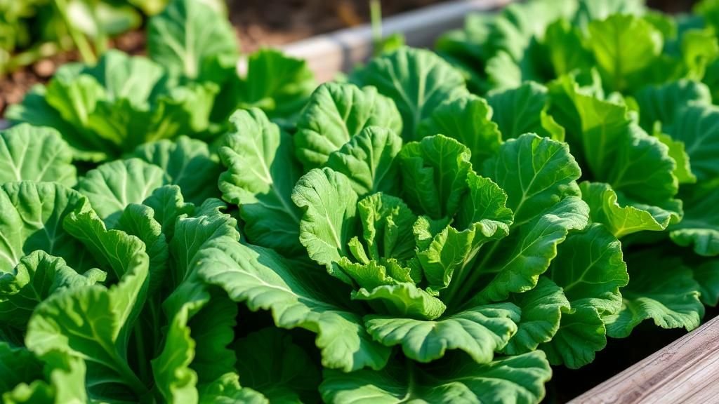 Vibrant green kale leaves in a shaded raised bed, close-up view, realistic photography style.