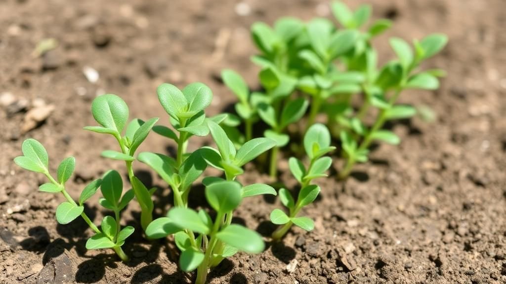 Young arugula plants growing quickly in a small shaded patch, realistic photography style.