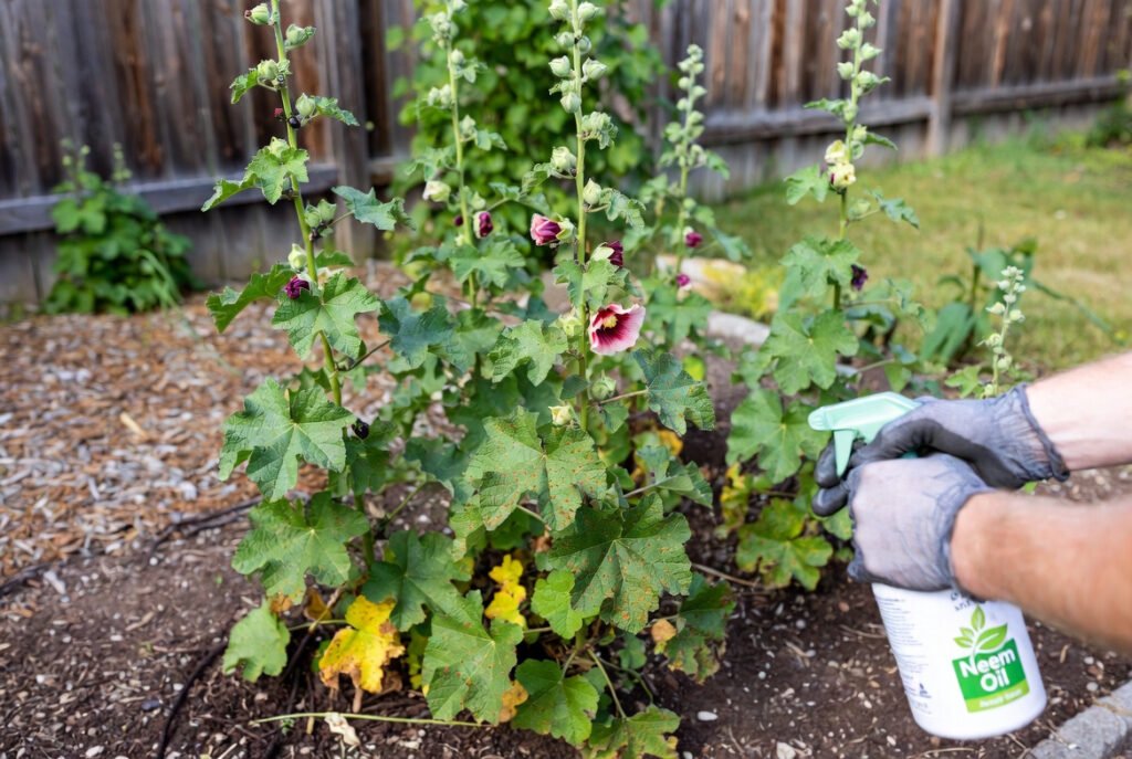 Managing Pests and Diseases for Hollyhocks plant in a home garden, focusing on techniques to identify and control common issues such as rust, powdery mildew, and pests like Japanese beetles, using organic methods like neem oil and proper plant spacing for air circulation, outdoor garden bed in late summer or spring, natural daylight, realistic step by step gardening photography, clean and instructional scene.