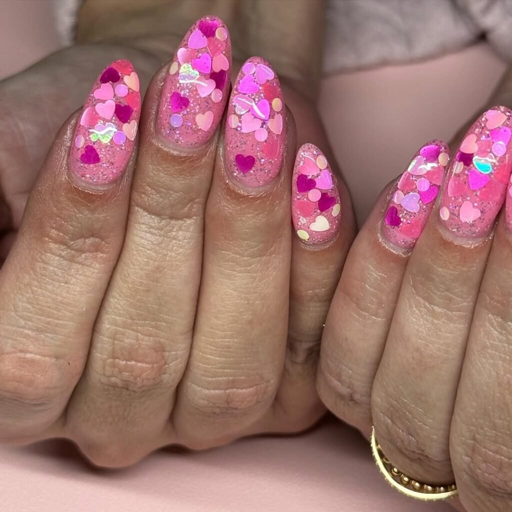 20+ Trendy February Nail Designs for Valentine's Day 2026 15 Micro Sequin Hearts