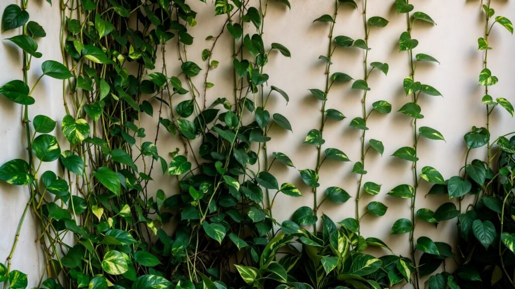 images show mature pothos vines trained along walls, creating dense green coverage with heart-shaped leaves in various patterns.
