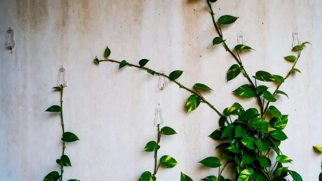  illustrate pothos vines secured with clear hooks along a wall, showing progression from initial placement to dense coverage.