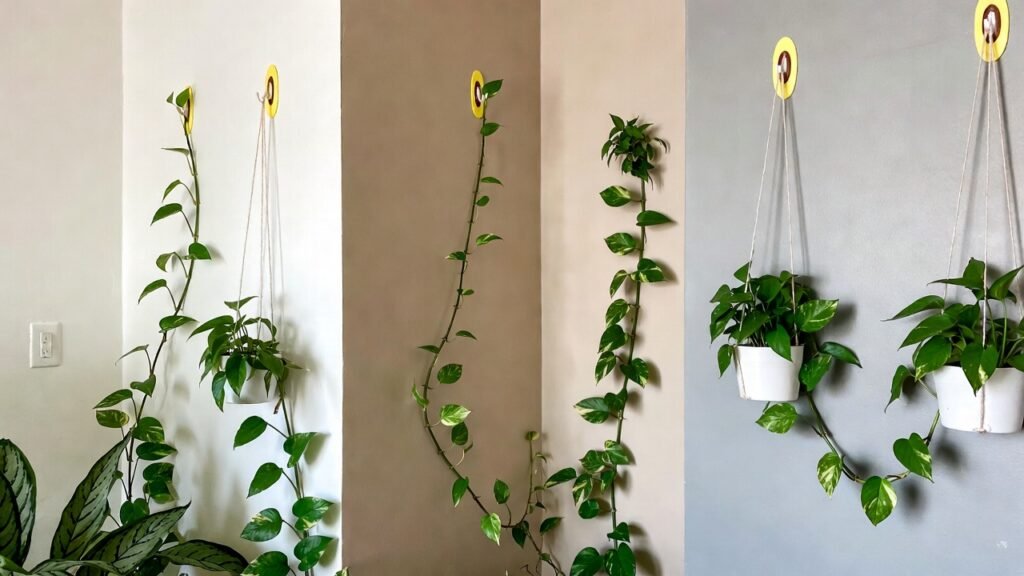 visuals demonstrate the use of command hooks and string to guide pothos vines in geometric or organic patterns on interior walls.