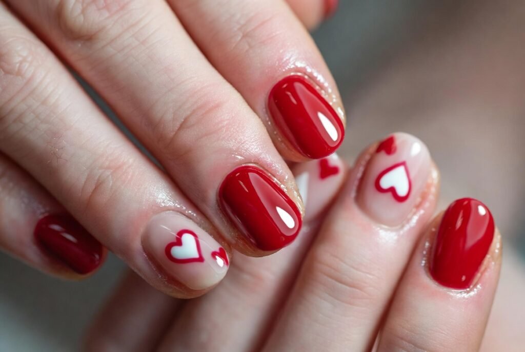 20+ Trendy February Nail Designs for Valentine's Day 2026 5 Cherry Red with Heart Accents