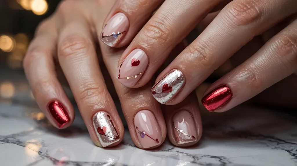 20+ Trendy February Nail Designs for Valentine's Day 2026 3 images showcase elegant Valentine's Day manicures featuring soft pink bases with tiny hearts, red chrome accents, and layered textures.